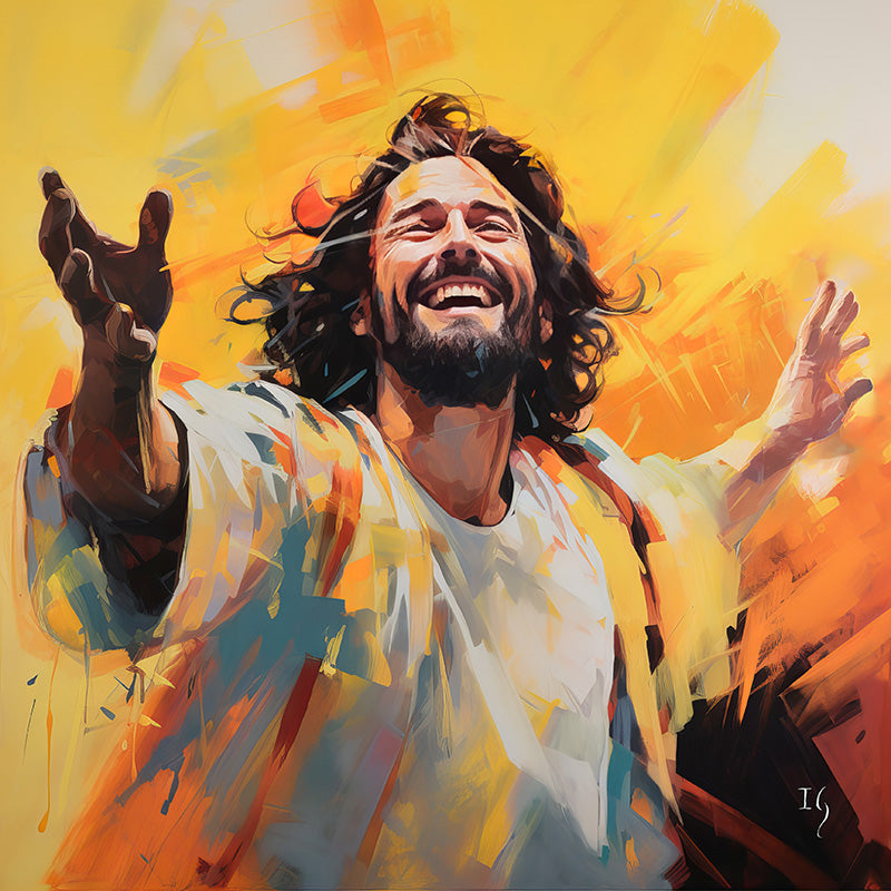 Jesus smiling joyfully in a bright, vibrant painting