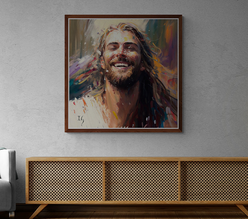 Jesus The Light of Love - Expressive artwork featuring a man radiating joy and laughter, surrounded by a lively splash of colors. A delightful addition for women seeking uplifting home decor.