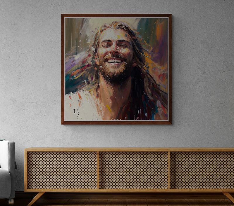 Vibrant portrait of Jesus with a joyful expression, ideal for Christian decor.