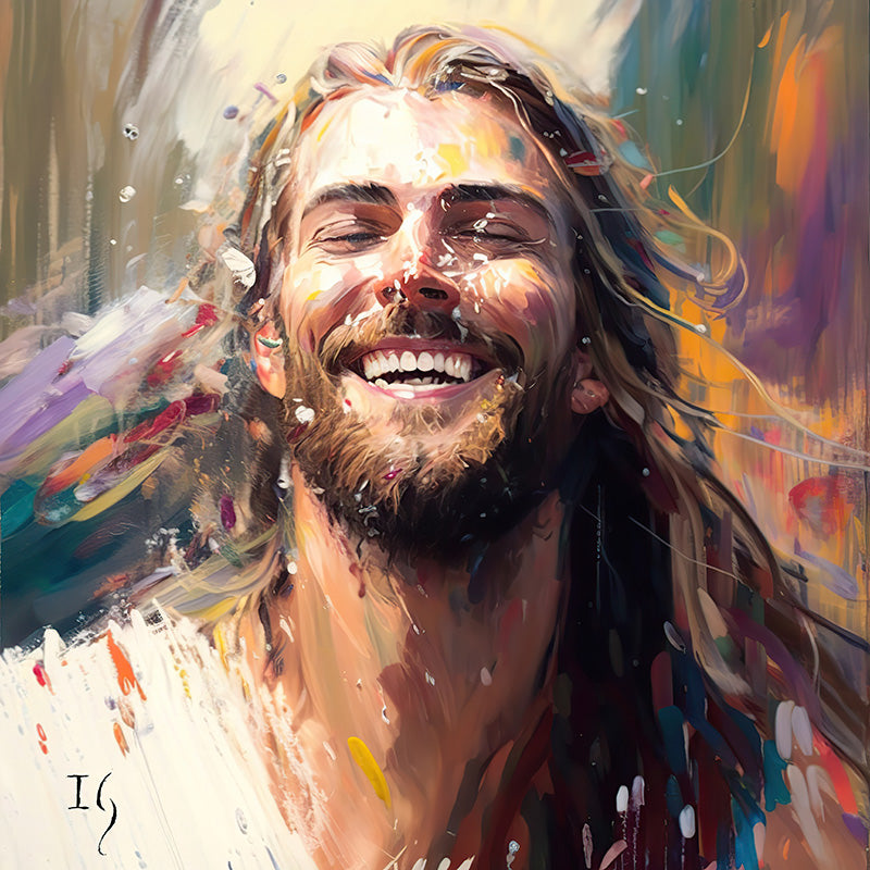 Radiant depiction of Jesus smiling, reflecting spiritual serenity.