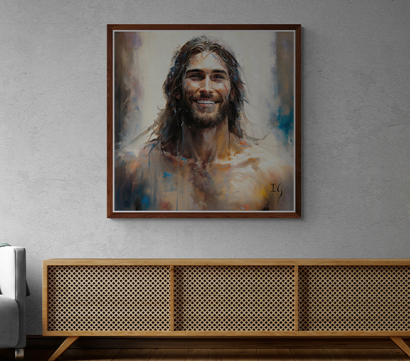 Elegant setting featuring a joyful portrait of Jesus, enhancing the serene atmosphere of the room.