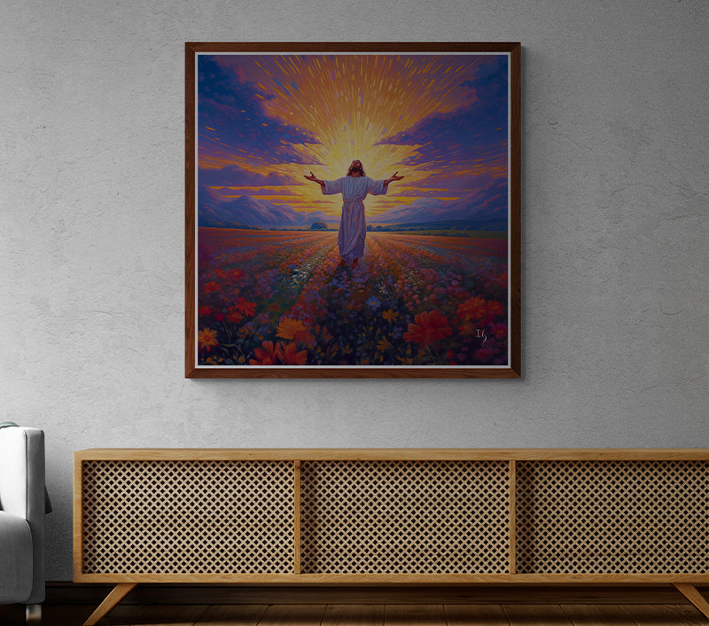 Jesus artwork in a cozy room, depicting Him standing in a field of flowers with a radiant sunrise.