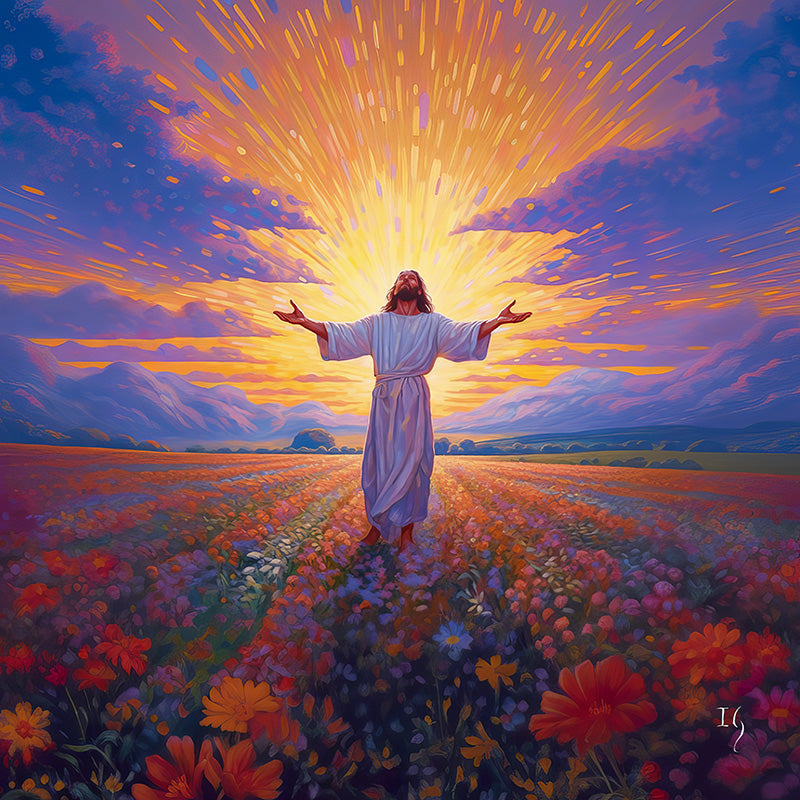 Jesus standing in a colorful flower field, welcoming the bright, rising sun with open arms.