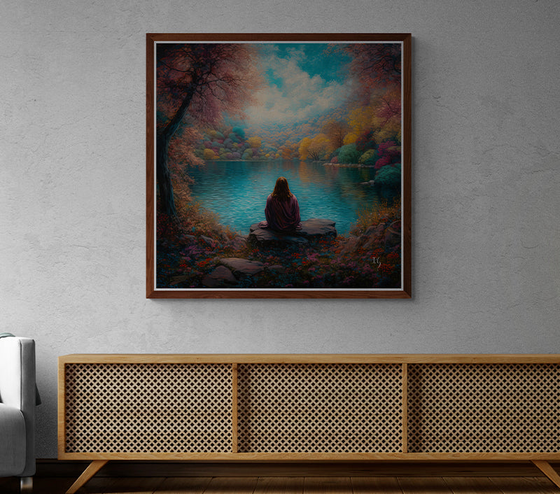 Jesus; Tranquility Embodied on Water - Artistic representation of a tranquil scene where an individual gazes across a turquoise lake, surrounded by a magical forest filled with vibrant autumn hues.