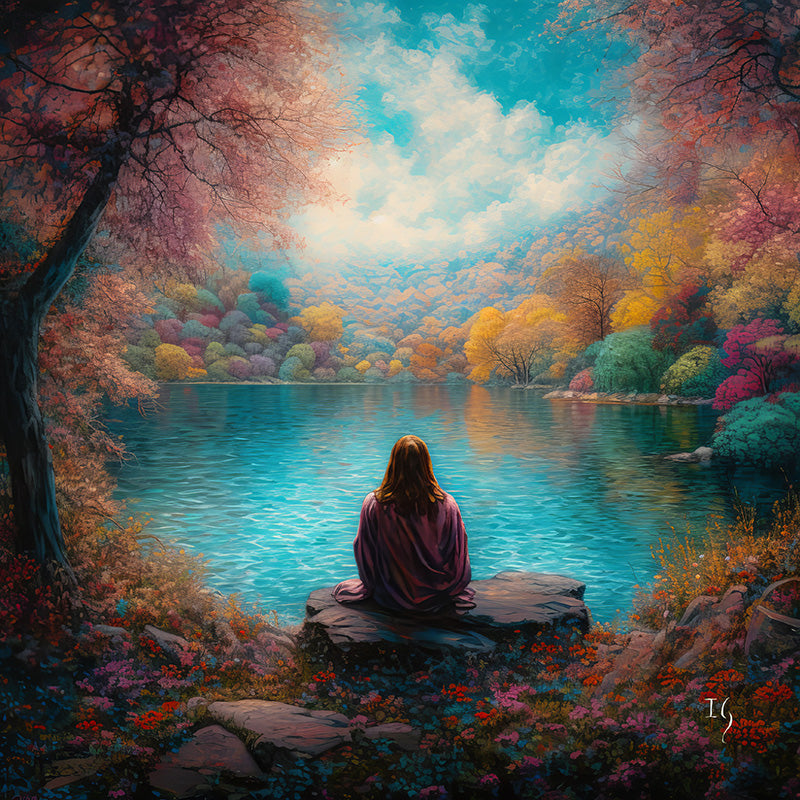 Jesus; Tranquility Embodied on Water - Mesmerizing artwork capturing the quiet contemplation of a person amidst a fantastical woodland with trees in shades of pink, purple, and gold, reflecting on a calm lake.