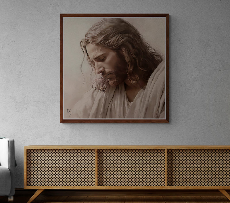 Contemplative portrait of Jesus in a modern room setting with wooden furniture.