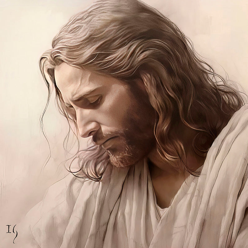 Jesus with a peaceful and thoughtful demeanor, painted in subtle, soft tones.