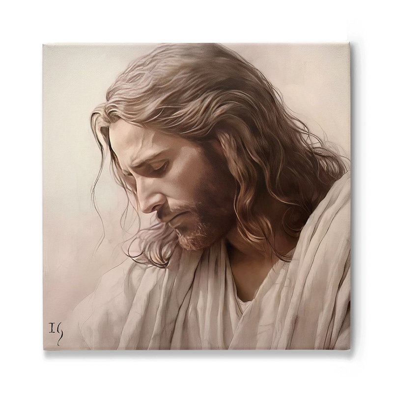 Painting of Jesus with a contemplative expression, looking down, in a soft and serene light.