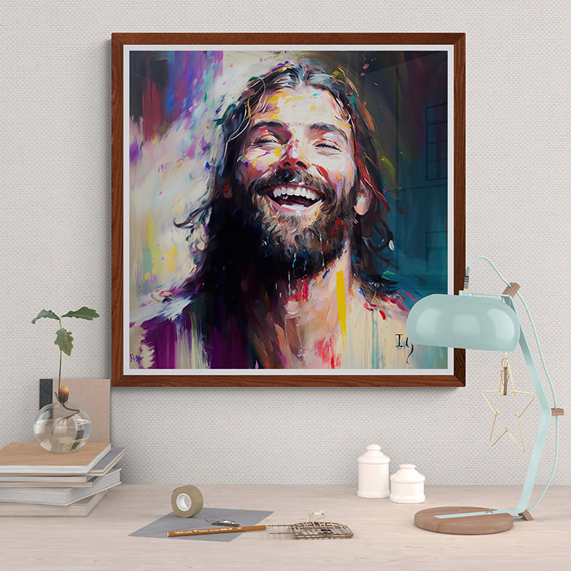 Framed painting of Jesus laughing joyfully, with bright colors in a modern art style.