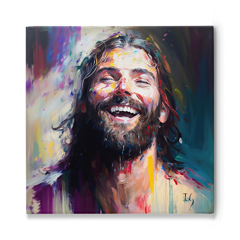 Vivid painting of Jesus with a joyful expression, splashes of colorful paint on his face.