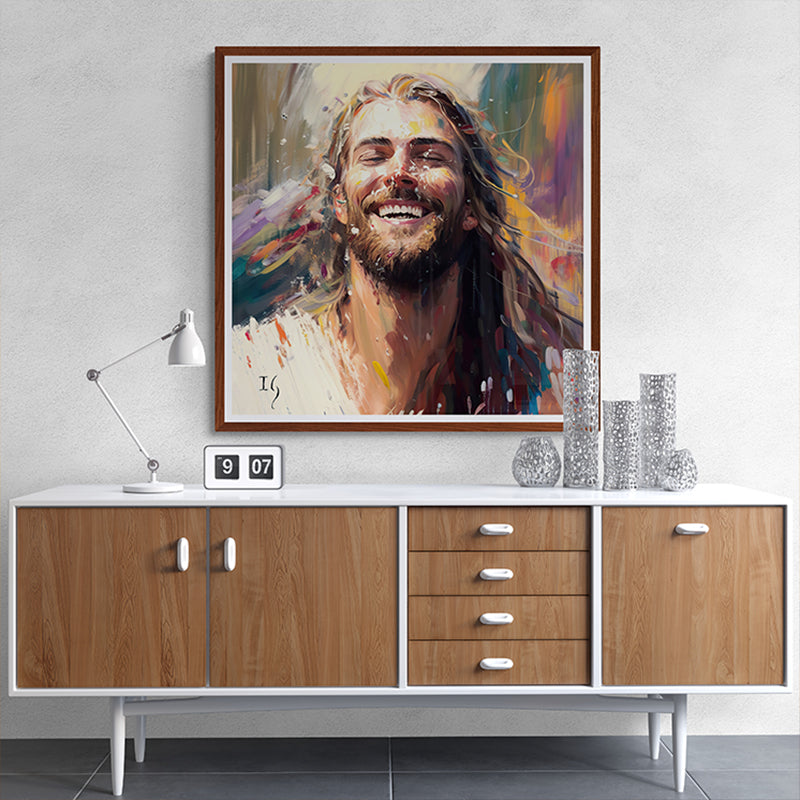 Smiling Jesus artwork, showcasing modern Christian art.