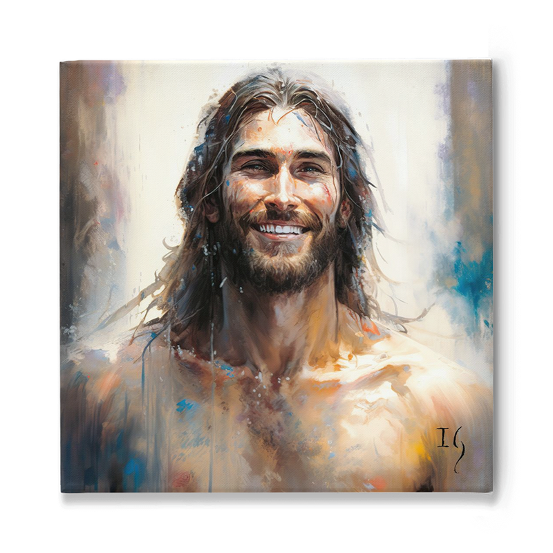 Portrait painting of Jesus with a joyful smile, his hair flowing naturally and soft brush strokes in the background.