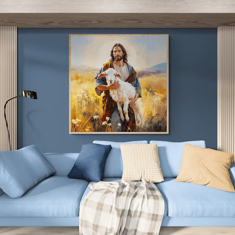 Peaceful artwork of Jesus carrying a lamb in a vibrant landscape, perfect for spiritual home decor.