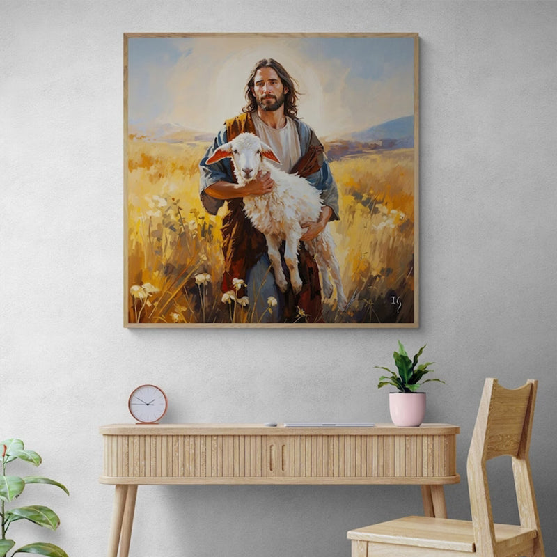 Jesus with a lamb in a serene field, beautifully displayed in a stylish interior.