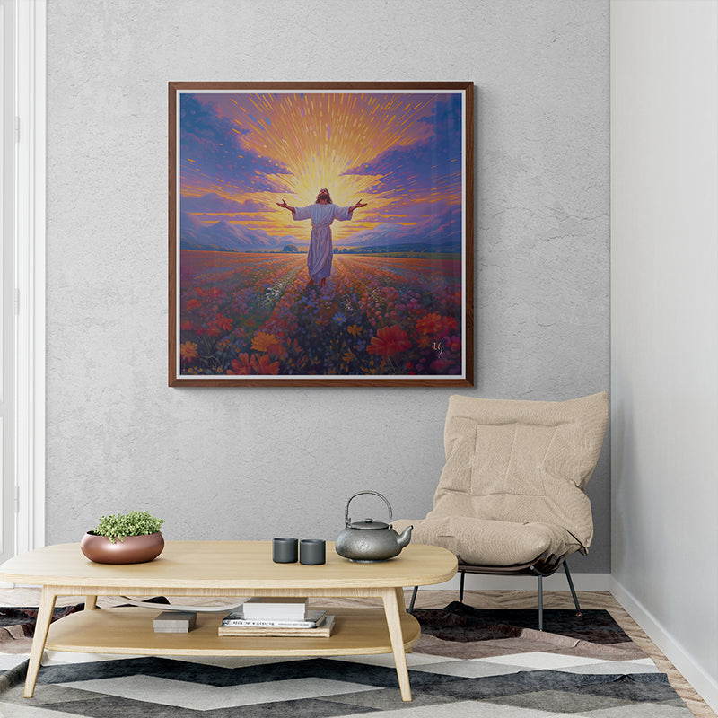 Framed painting of Jesus in a flower field, arms raised towards a glowing sunrise, displayed in a modern living room.