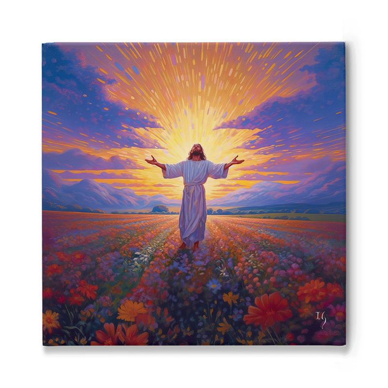 Vivid painting of Jesus in a field of flowers, arms raised towards a radiant sunrise.