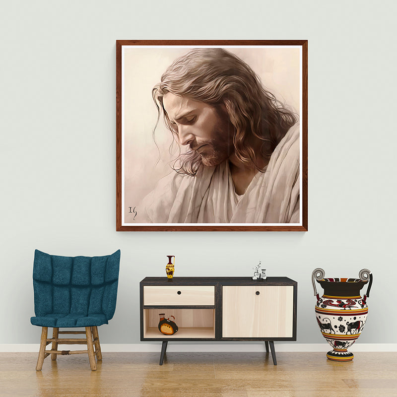 Large painting of Jesus with a contemplative look, displayed in a modern living room.