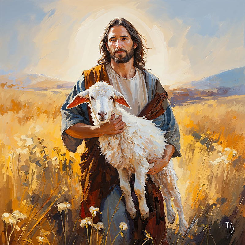 Peaceful artwork of Jesus carrying a lamb in a radiant landscape.