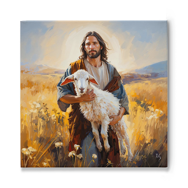 Painting of Jesus holding a lamb in a golden field, symbolizing pastoral care.