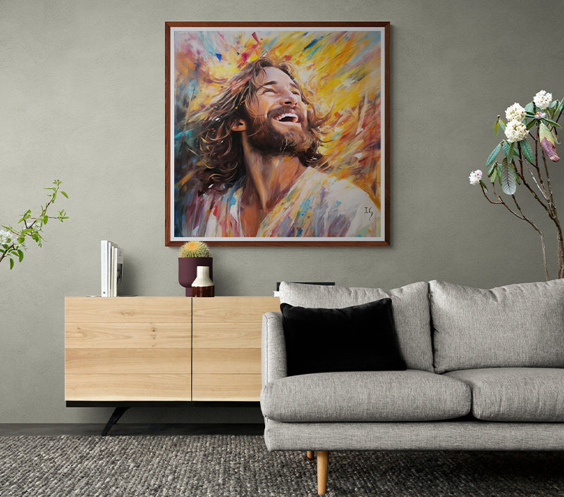 Expressive portrait of Jesus laughing, showcasing his joyous spirit.