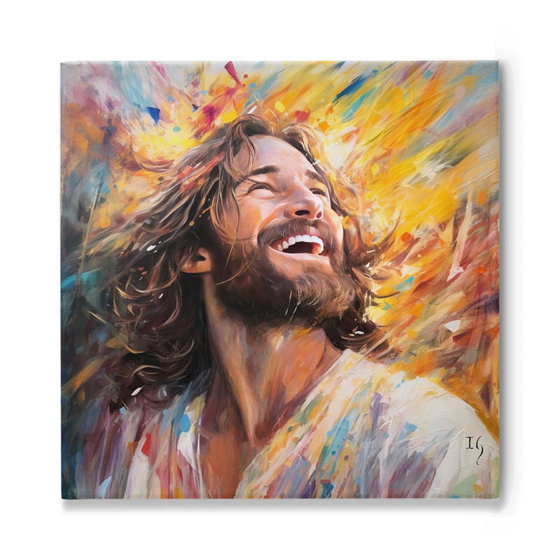 Vibrant painting of Jesus with a joyful smile, symbolizing divine love.