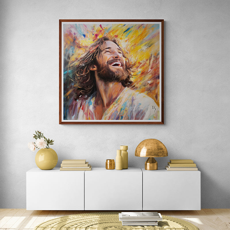 Colorful artwork of smiling Jesus, emanating warmth and happiness.