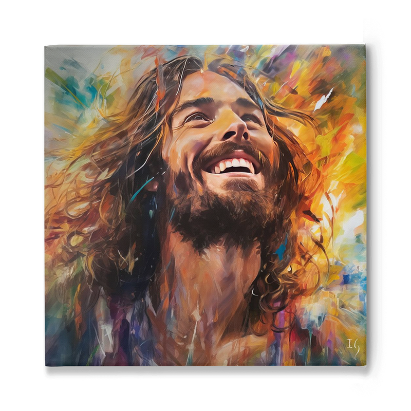 Colorful painting of Jesus smiling, capturing divine joy and peace.