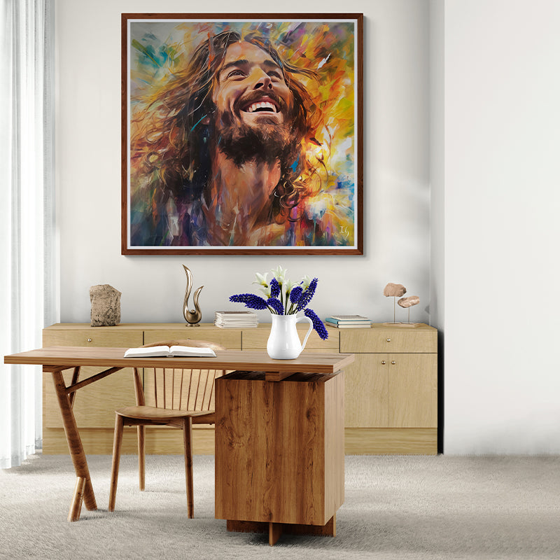 Framed painting of Jesus smiling, enhancing the office decor with divine joy.