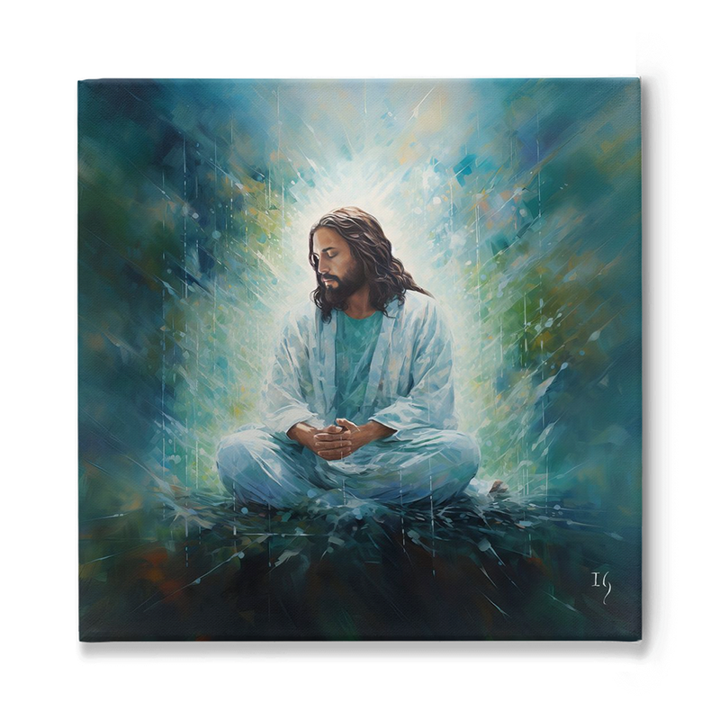 Painting of Jesus sitting peacefully, surrounded by radiant light in a serene atmosphere.