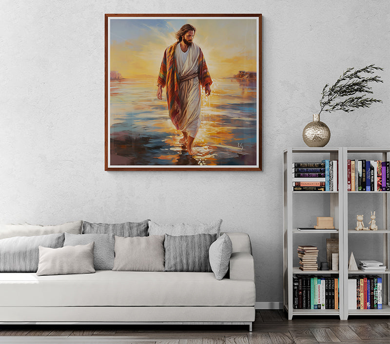 Jesus smiling serenely while walking on water at sunrise