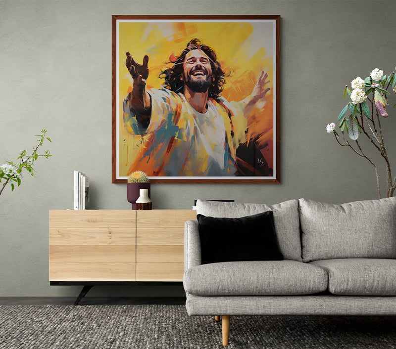 Living room with vibrant joyful painting of Jesus smiling