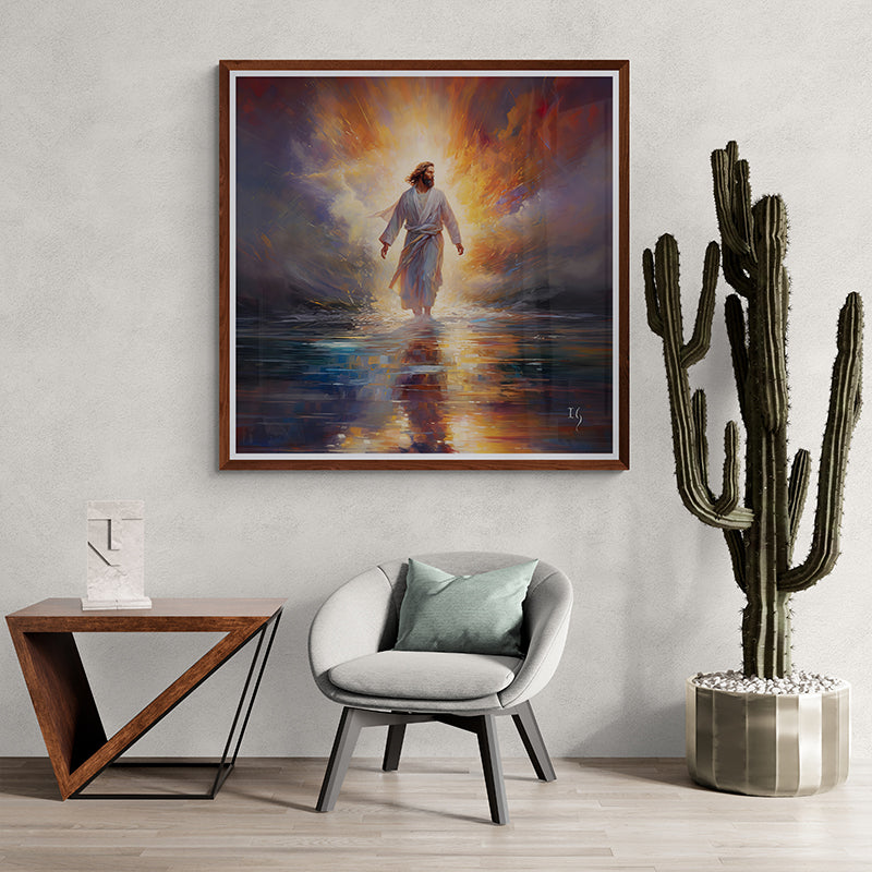 Modern living room with a vibrant painting of Jesus walking on water.