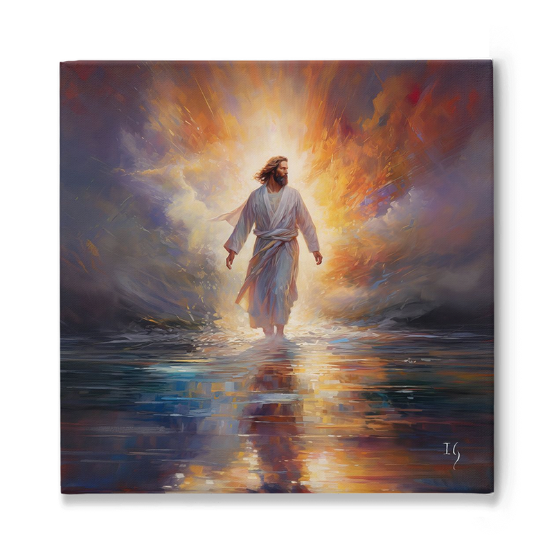 Radiant painting of Jesus walking on water surrounded by a burst of light.