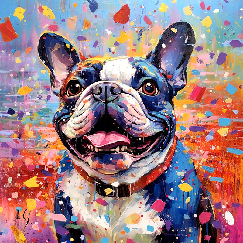 French Bulldog painting with abstract and colorful background splashes