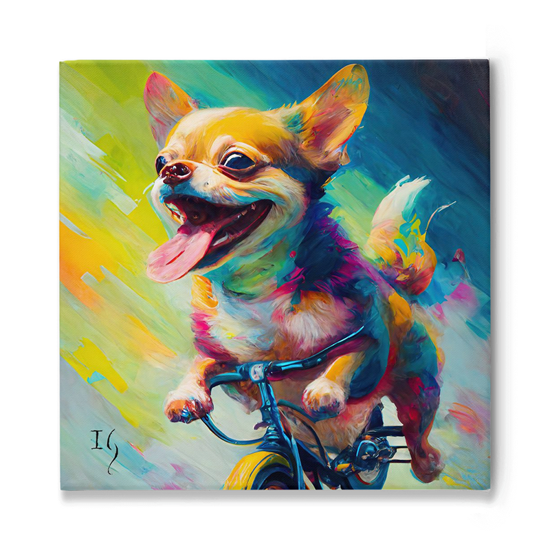 Vibrant painting of an enthusiastic chihuahua riding a bicycle amidst swirls of bright colors.