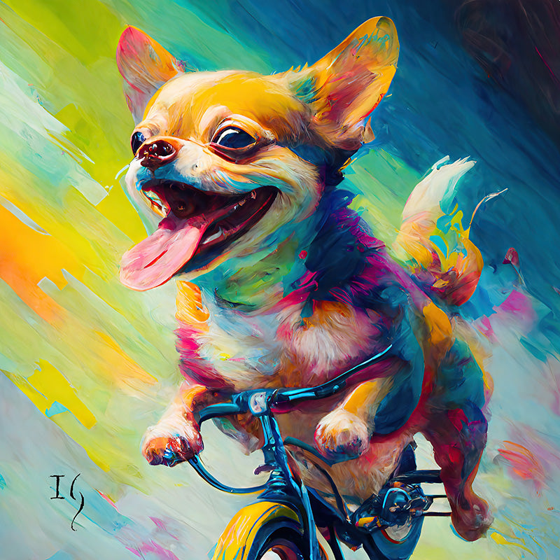 Dynamic artwork of a chihuahua with a beaming expression, cycling through a kaleidoscope of brilliant shades.