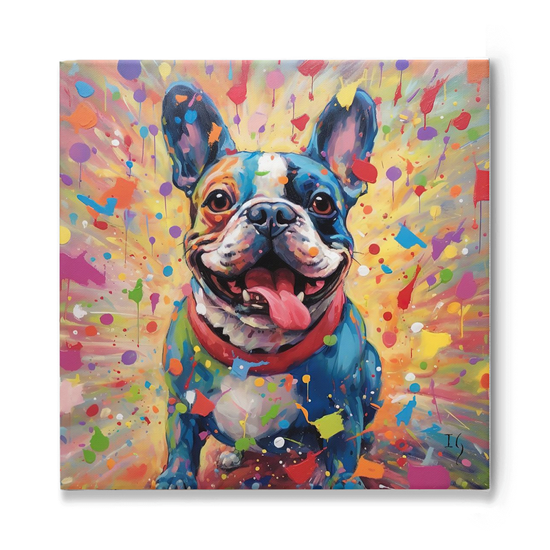 An exuberant French Bulldog, painted with a patchwork of bright colors, grins joyfully at the viewer. The background explodes in a riot of colorful splatters, splashes, and brushstrokes, echoing the dog's playful energy.