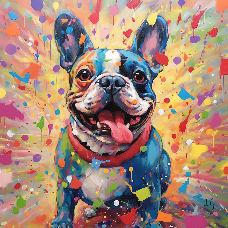 A spirited French Bulldog beam with a wide smile, rendered in a kaleidoscope of colors. The backdrop is a symphony of paint splashes, giving the impression of a joyous, artful explosion.