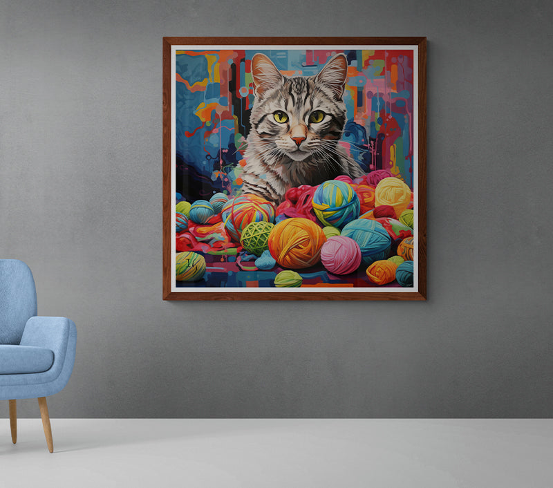 Whimsical animal art featuring a tabby cat with colorful yarn balls