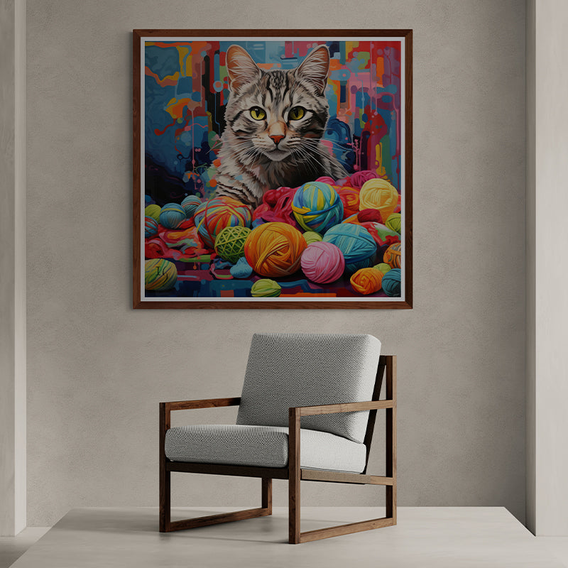 Colorful cat portrait painting with yarn balls, vibrant animal art