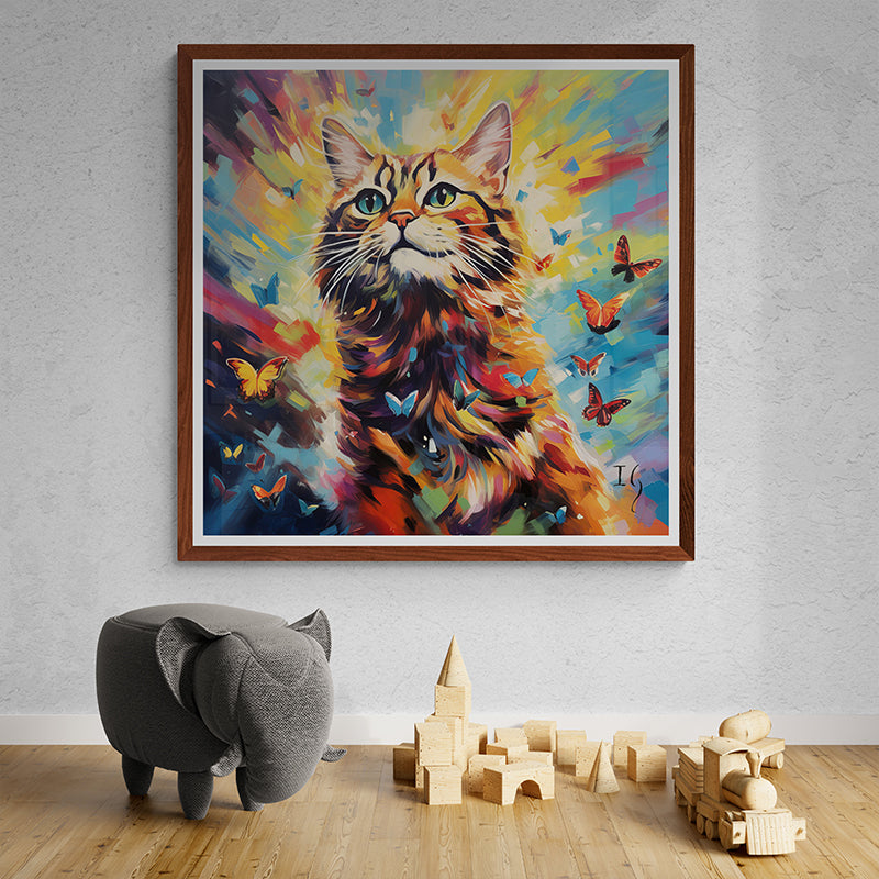 Colorful cat with butterflies in a vibrant, abstract painting in a living room