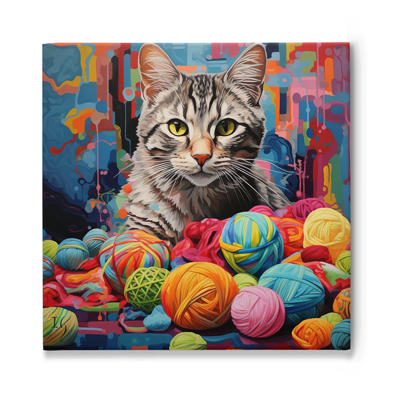 Tabby cat with colorful yarn balls, whimsical pet art, custom portrait