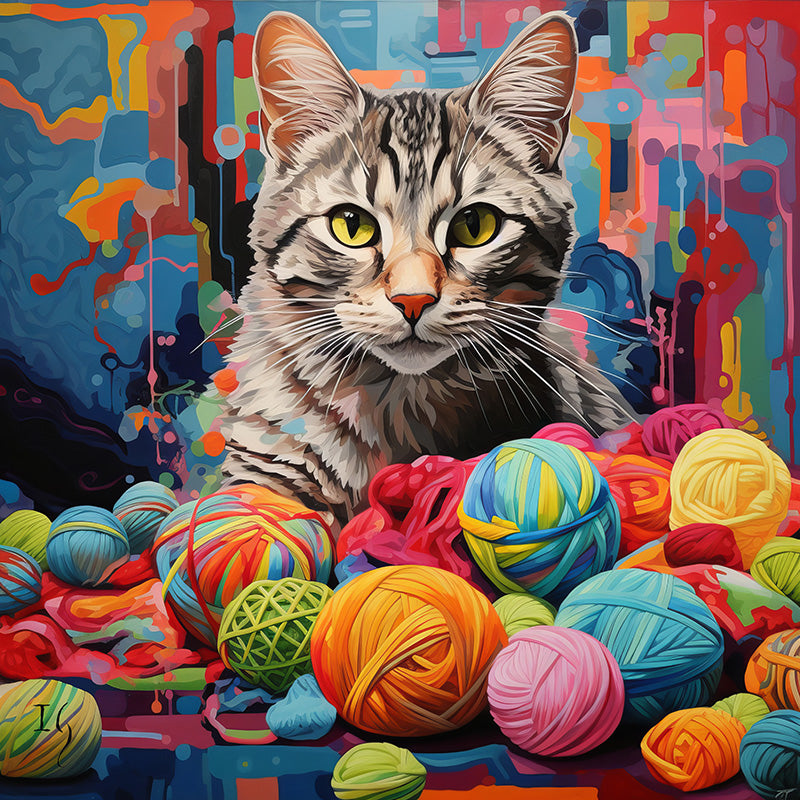 Custom pet portrait of a cat with yarn balls, unique cat painting