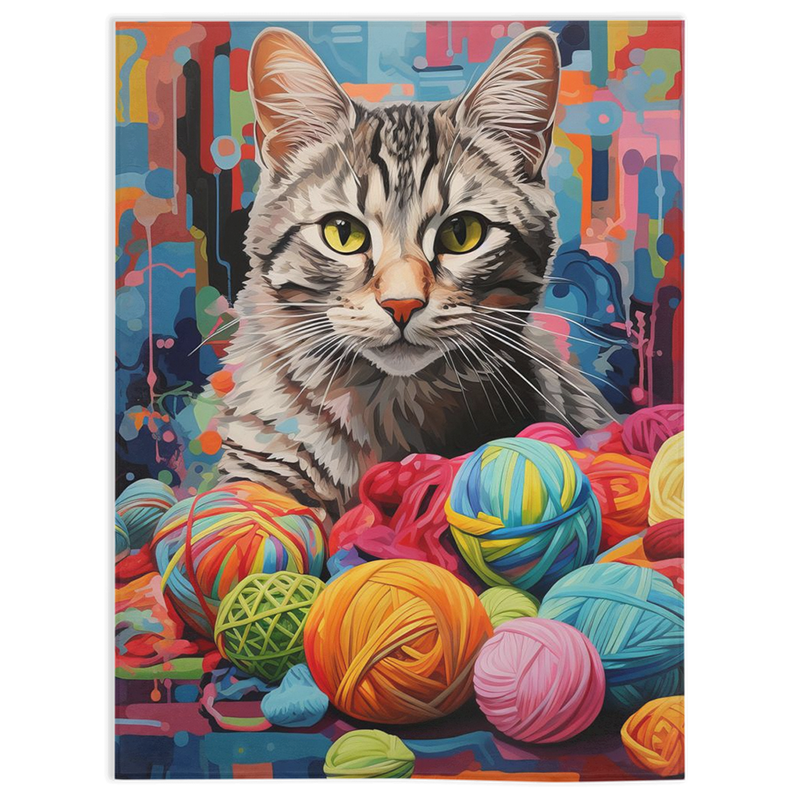 Playful green-eyed feline surrounded by colorful balls of worsted yarn