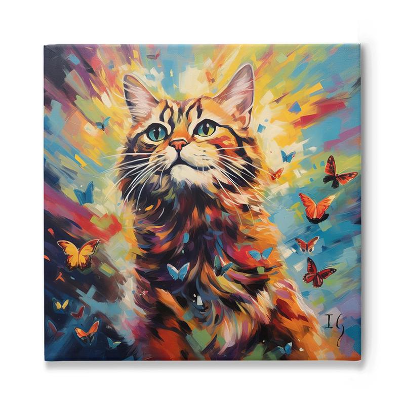 Colorful cat with butterflies in a vibrant, abstract painting