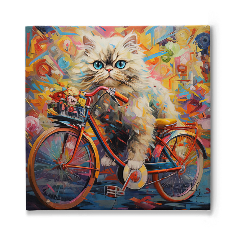 Colorful painting of a fluffy kitten riding a bike with flowers in the basket