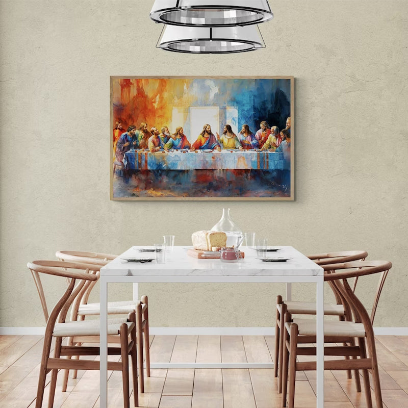 A vibrant, contemporary painting of The Last Supper, set against a neutral living room backdrop, provides a striking contrast and a conversation piece.