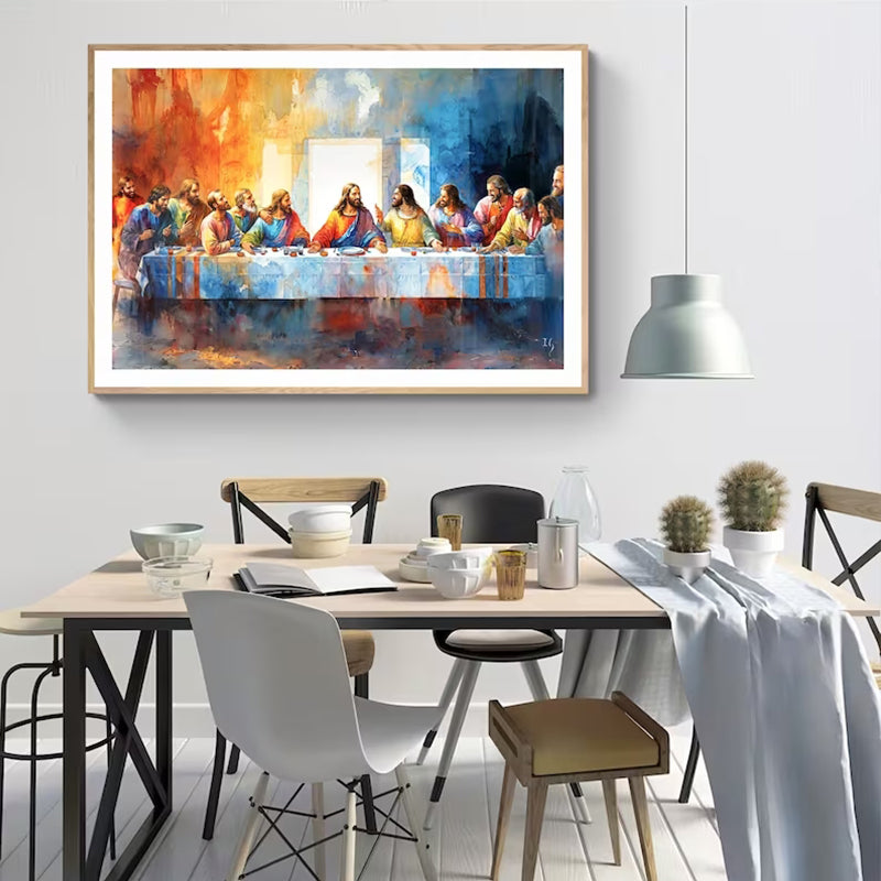 Modern artistic rendition of The Last Supper displayed above a white sofa in a minimalist living room, blending religious art with contemporary home design.