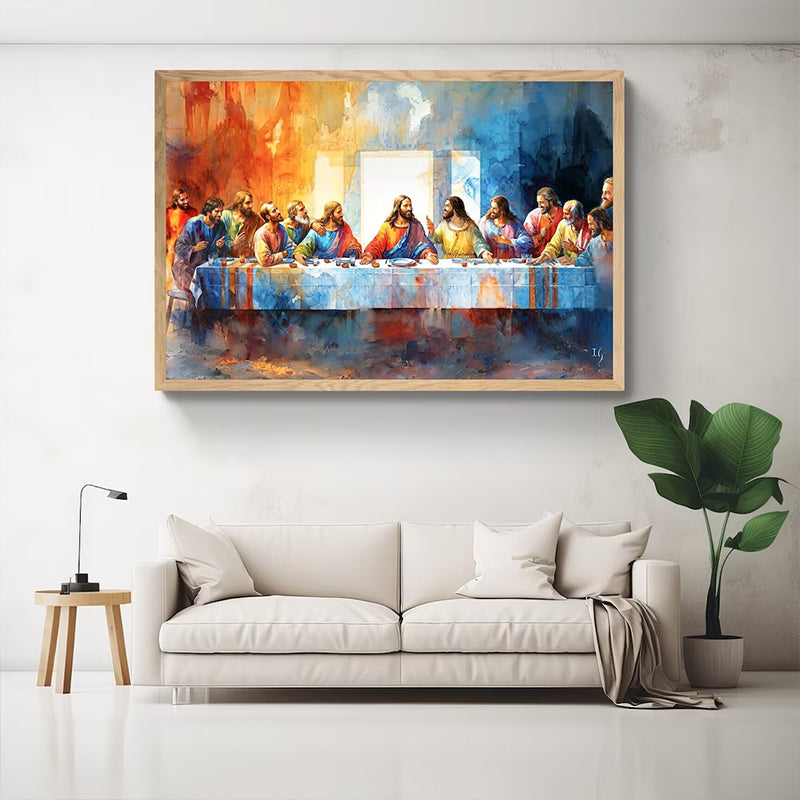 Colorful contemporary painting of the Last Supper, showcasing a moment of historical and spiritual significance.
