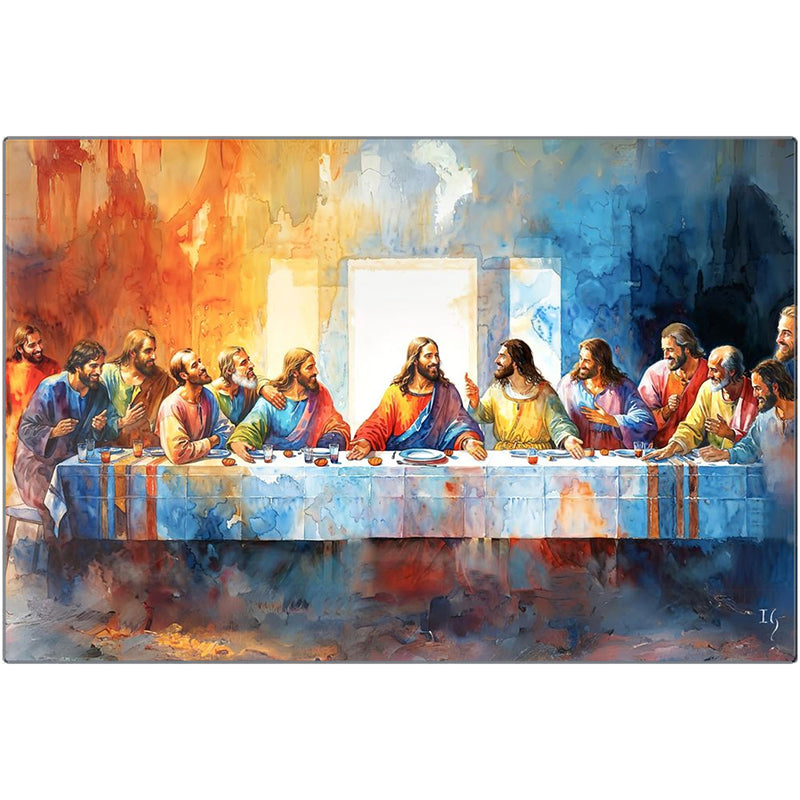 Colorful interpretation of The Last Supper with figures engaged in profound dialogue, framed in a contemporary classic style.